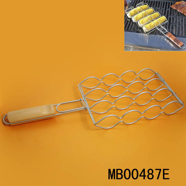 CHROME CORN BBQ NET CORN GRILL with WOODEN Handle POLYBAG