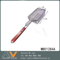 NON STICK BBQ NET BASKET BBQ NETCHICKEN GRILL TAG BROWN WOODEN Handle