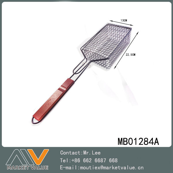 NON STICK BBQ NET BASKET BBQ NETCHICKEN GRILL TAG BROWN WOODEN Handle