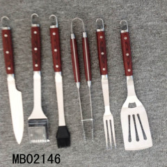 6PCS COLOUR WOODEN Handle BBQ TOOLSKNIFE BRASS WIRE BRUSH SILICONE BRUSH TONG FORK SHOVEL TC