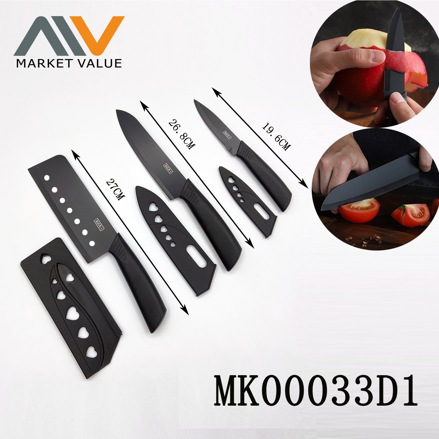 3 PC SS KITCHEN KNIFE SETS SAVE COVER with PP Handle