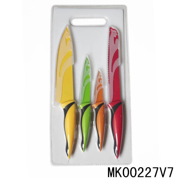 4PCS KITCHEN KNIFE SET NON STICK COATING with PLASTIC BOARD