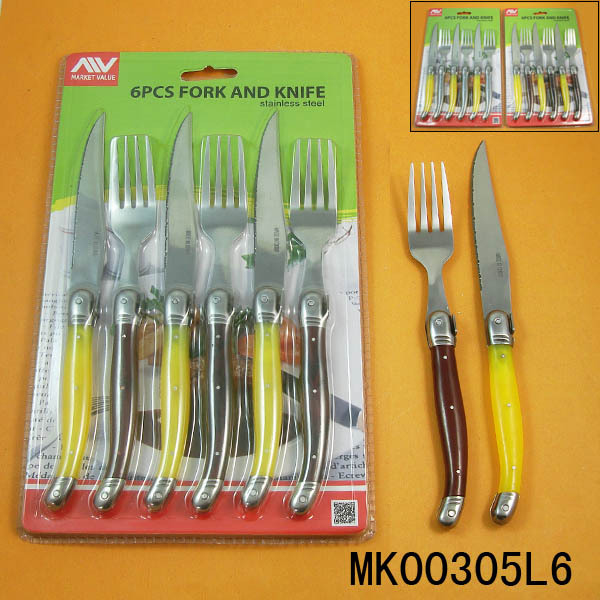 6PCS SS FORK and KNIFE with HALF PLASTIC Handle