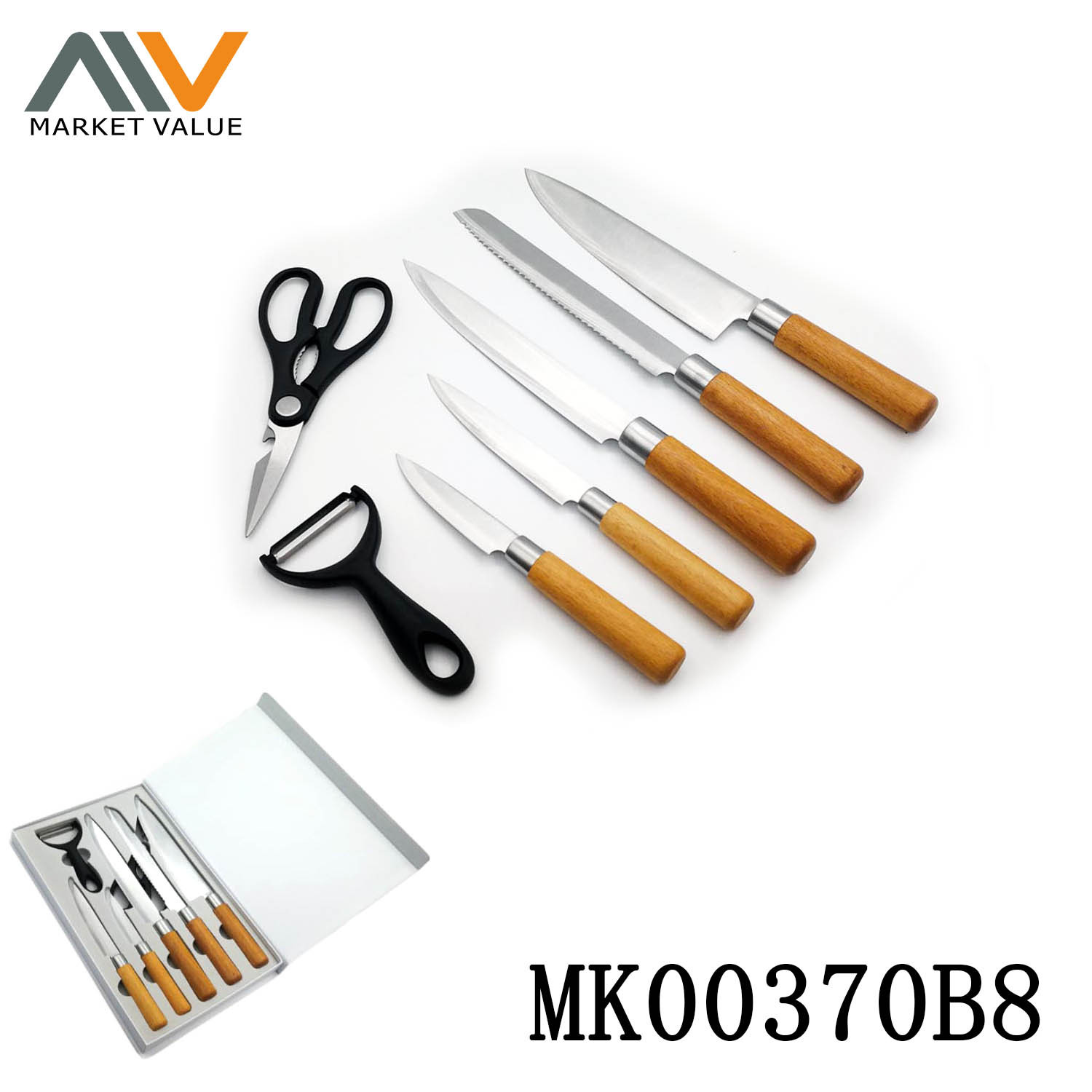 7 Piece Kitchen Knifves Peech Wooden Handle in BOX