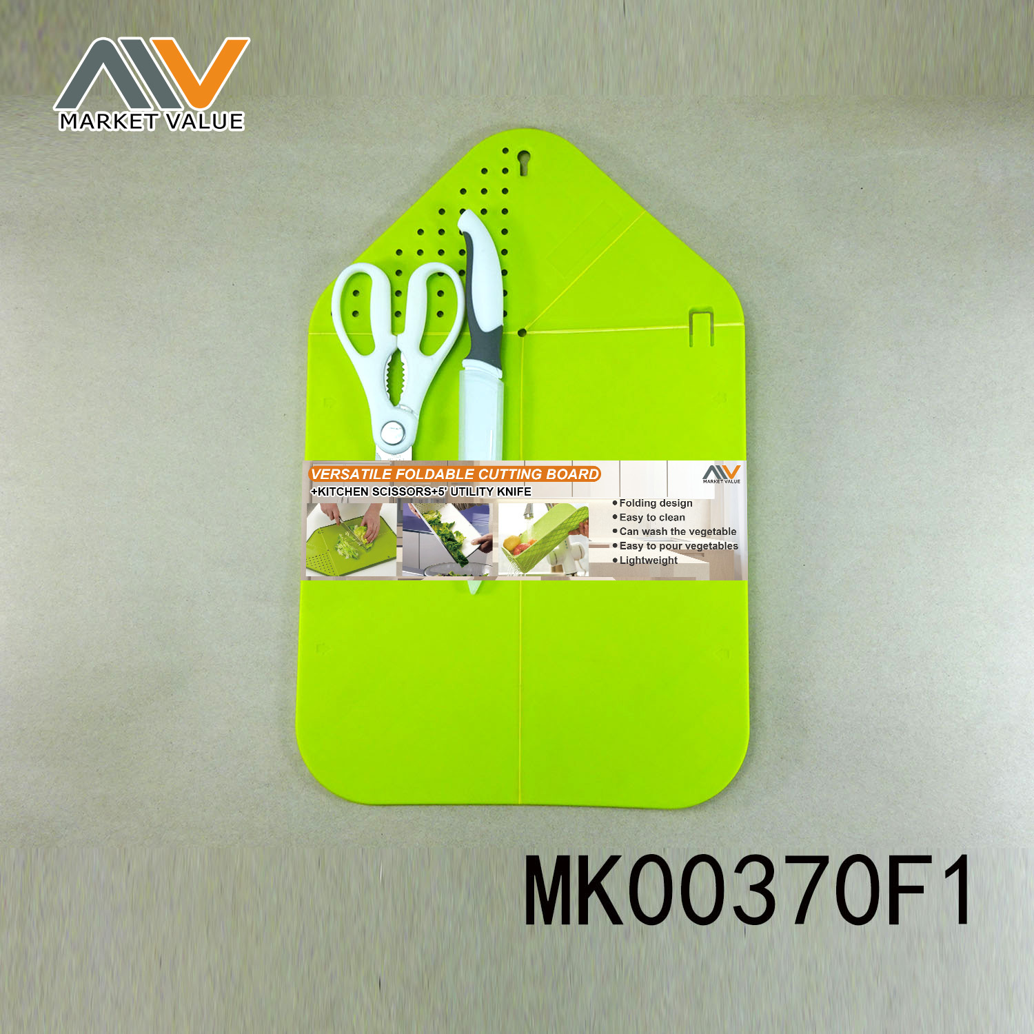 PLASTIC CUTTING BOARD with KITCHEN SCISSORS with 5in UTILITY KNIFE
