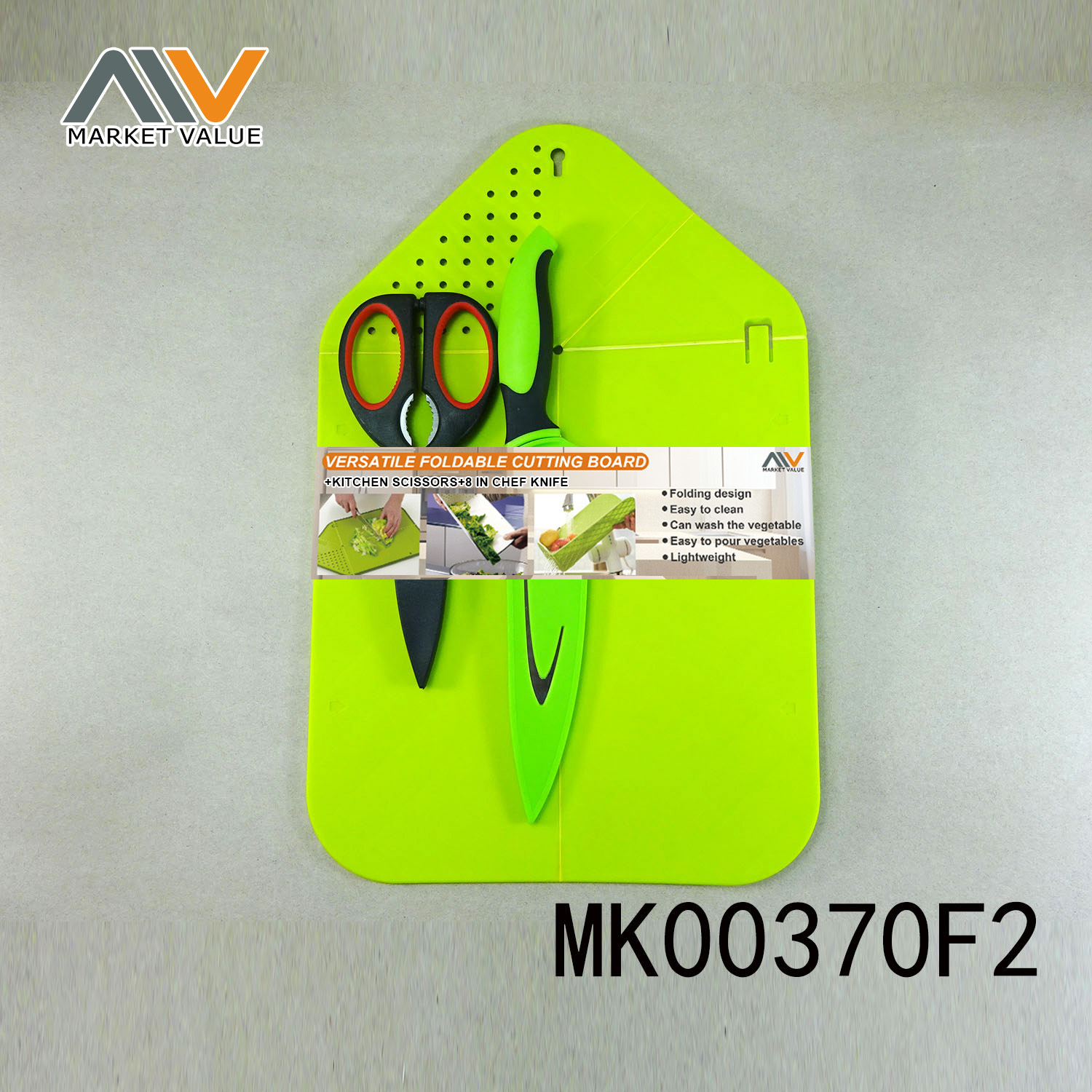 PLASTIC CUTTING BOARD with KITCHEN SCISSORS with 8 IN CHEF KNIFE style 2