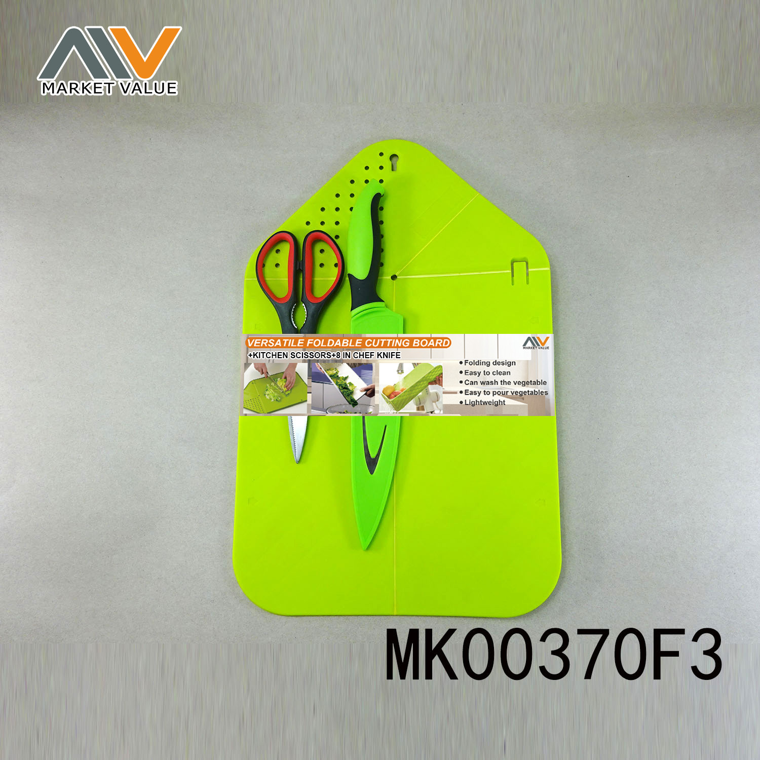 PLASTIC CUTTING BOARD with KITCHEN SCISSORS with 8 IN CHEF KNIFE style 3
