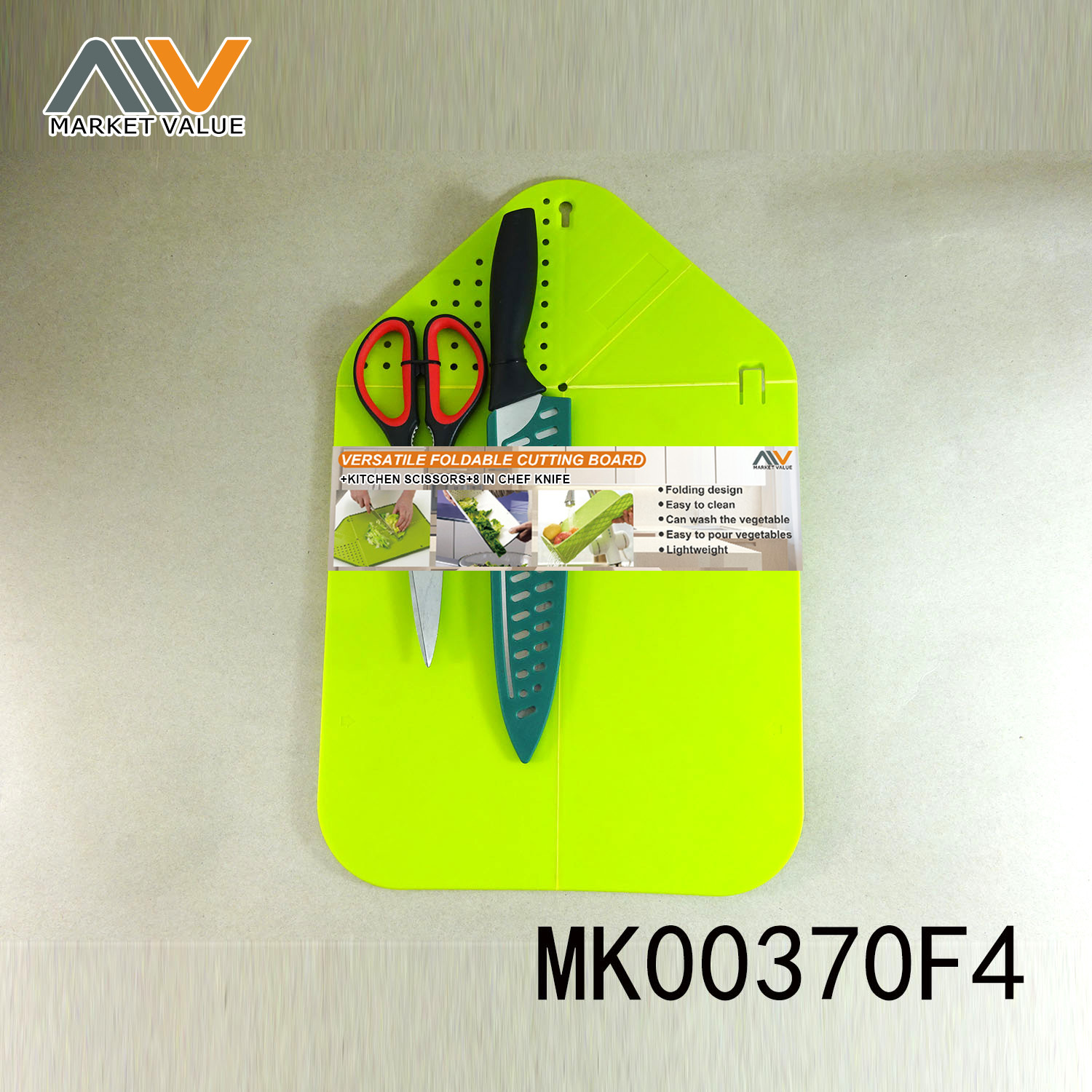 PLASTIC CUTTING BOARD with KITCHEN SCISSORS with 8 IN CHEF KNIFE