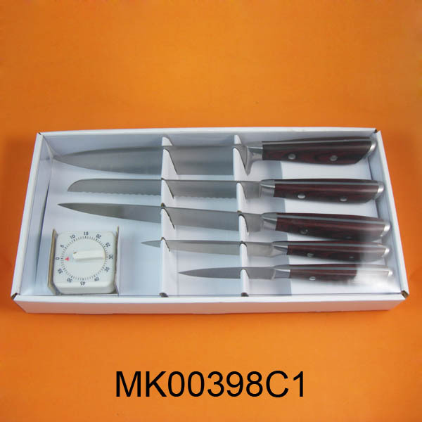 5PCS COLOR WOODEN Handle KNIFE SET with 60MIN TIMER in BOX