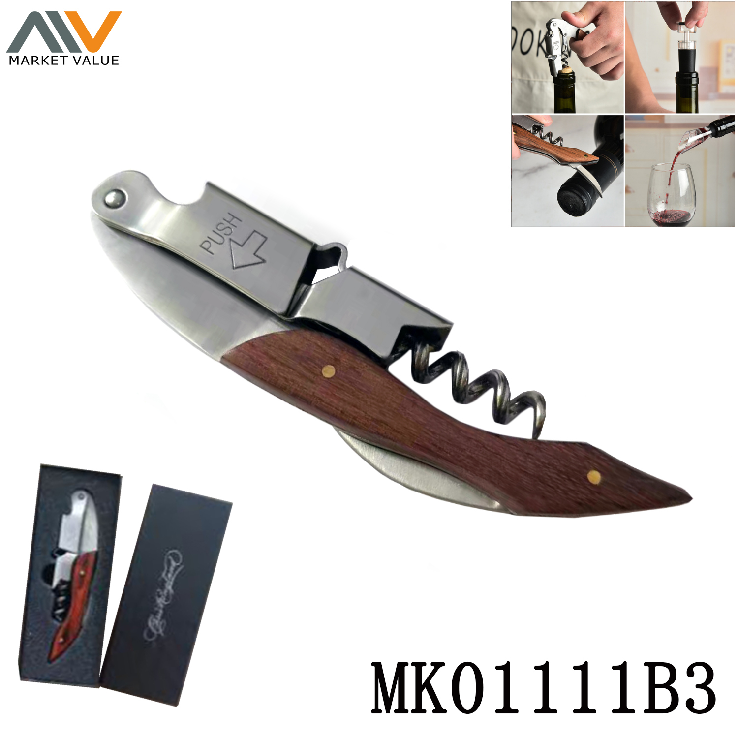 Versatile SS Wood Handle Wine Opener in BOX