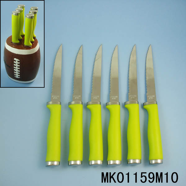 6PCS PLASTIC Handle STEAK KNIFE and RUGBY SHAPE RESIN KNIFE HOLDER in CB