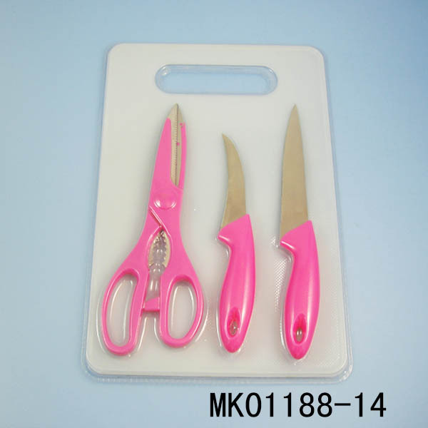 2PCS PLASTIC Handle SS KNIFE and KITCHEN SCISSORS and CUTTING BOARD