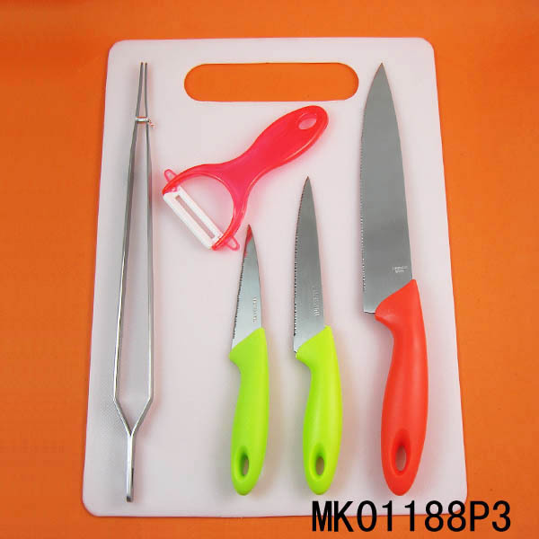 6PCS KITCHEN TOOLSKNIFE with CERAMIC PEELER with FOOD TONG WBOARD