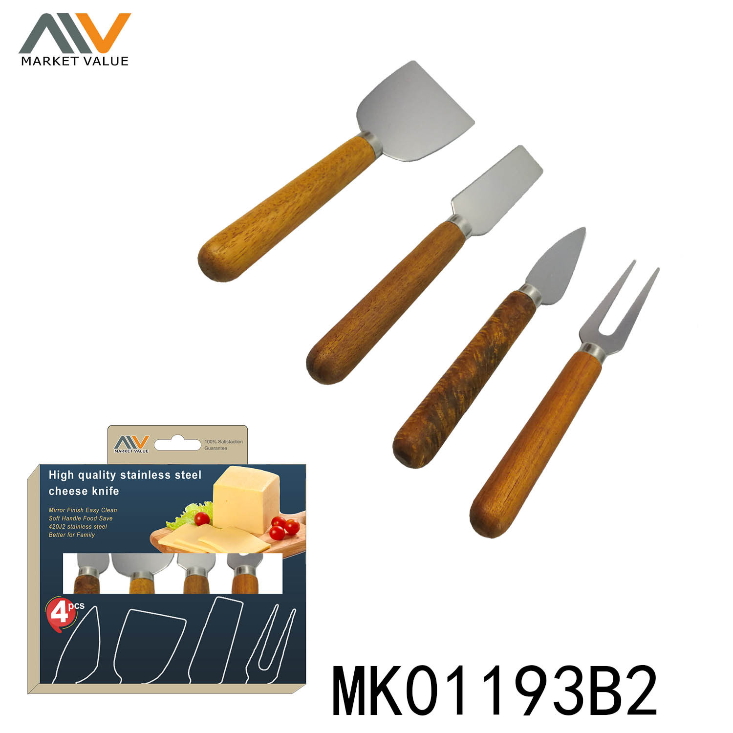 4PCS CHEESE KNIFE with WOODEN Handle in CB
