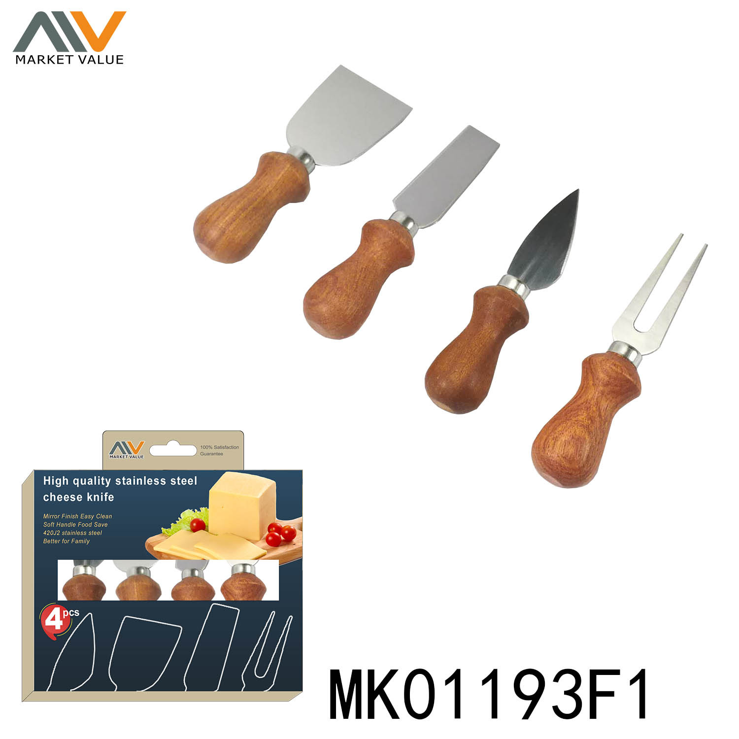 SET of 4 PCS CHEESE SET with WOODEN Handle in CB