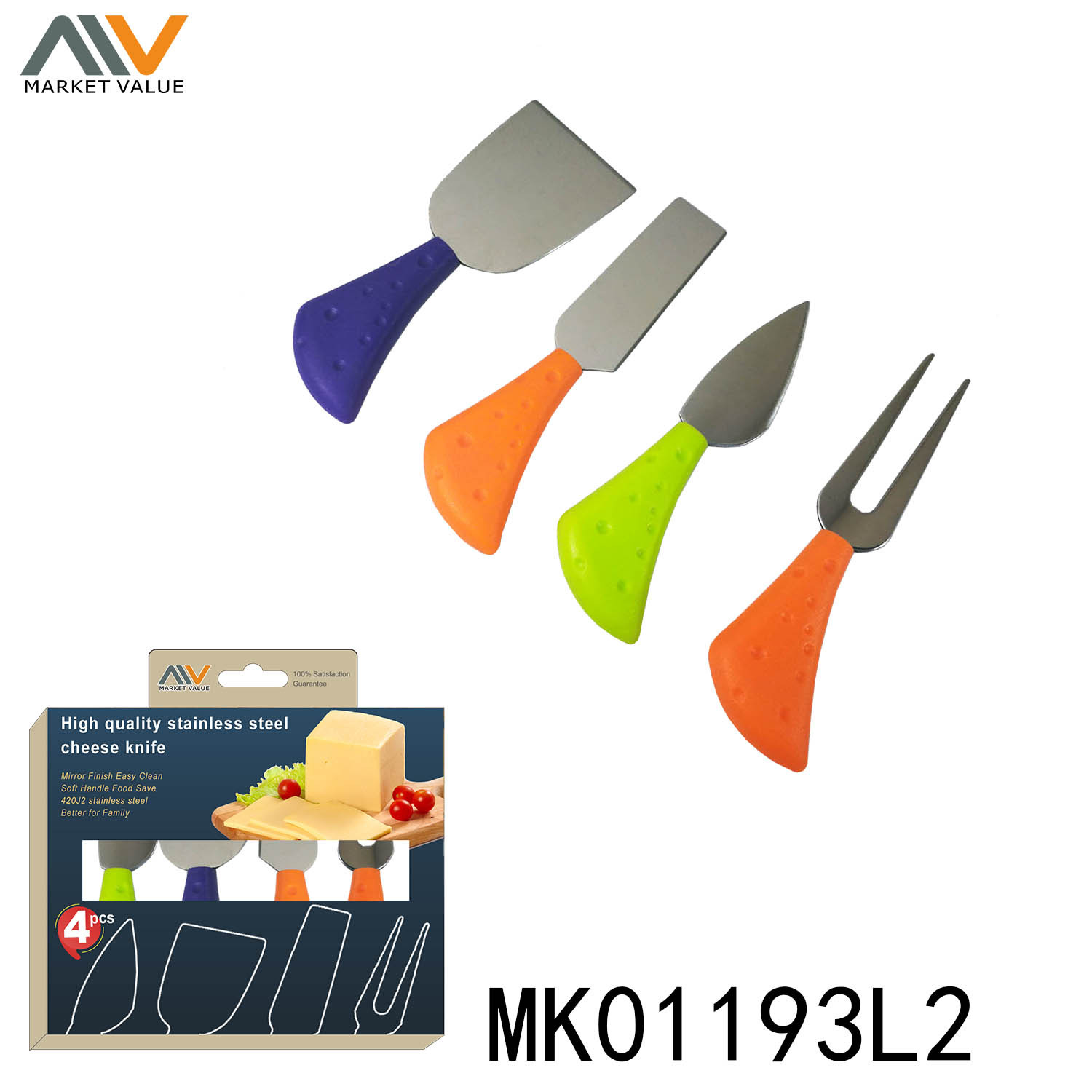 4PCS CHEESE SET with CHEESE SHAPE PLASTIC Handle in BOX