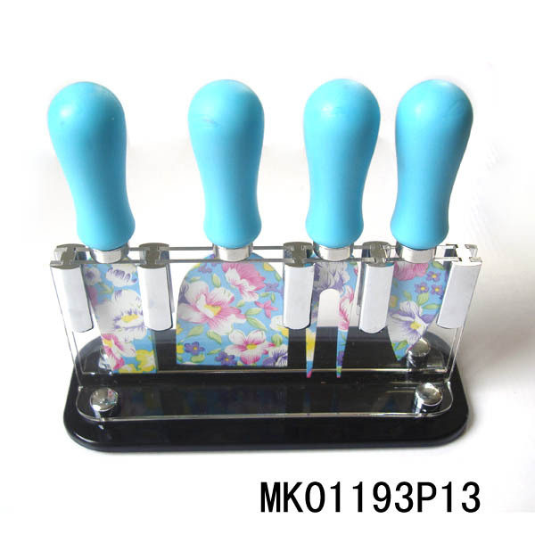 4PCS NON STICK COATING CHEESE KNIFE with PLASTIC Handle in ACRYLIC Stand style 2