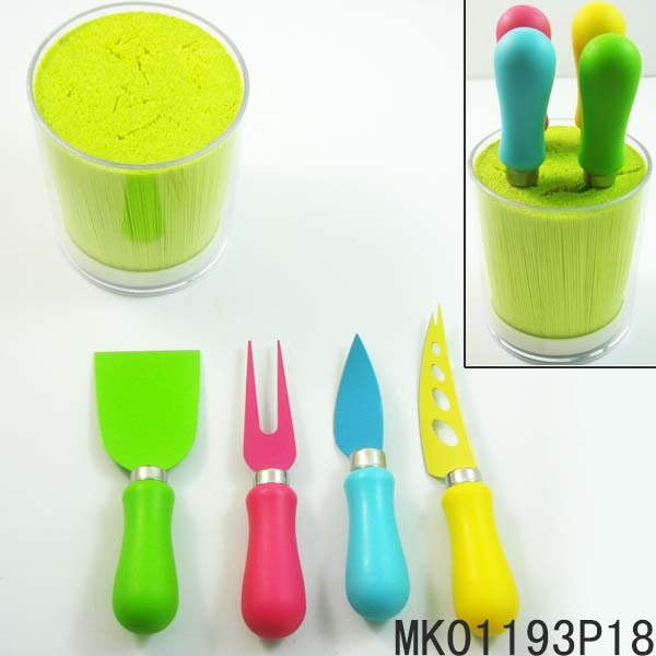 4PCS NON STICK COATING CHEESE KNIFE with PLASTIC Handle with PLASTIC Stand and PLASTIC INNER CORE