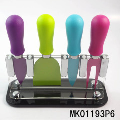 4PCS NON STICK COATING CHEESE KNIFE with PLASTIC Handle in ACRYLIC Stand style 3