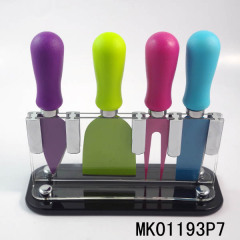4PCS NON STICK COATING CHEESE KNIFE with PLASTIC Handle in ACRYLIC Stand