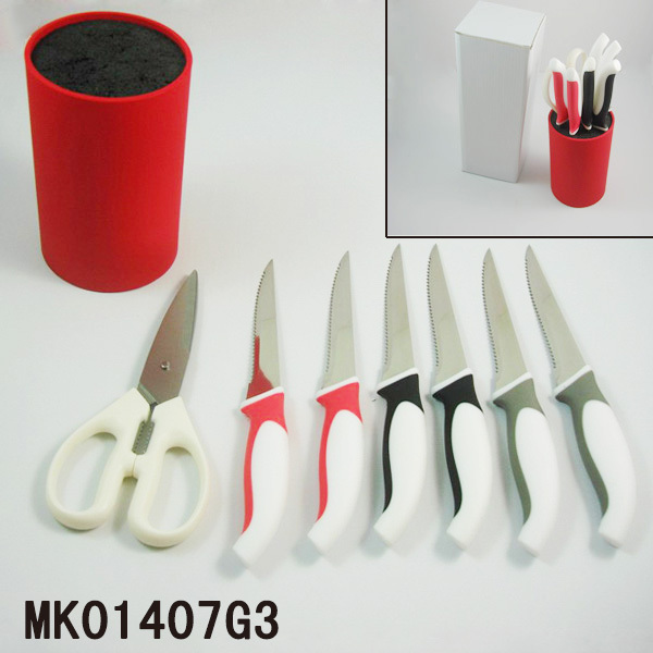 SET of 6 STEAK KNIFE with PLASTIC Stand and KITCHEN SCISSORS and PLASTIC INNER CORE style 3