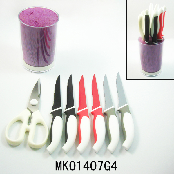 SET of 6 STEAK KNIFE with PLASTIC Stand and KITCHEN SCISSORS and PLASTIC INNER CORE style 4