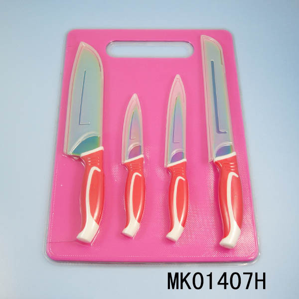 4PCS TITANIZE KITCHEN KNIFE and PLASTIC BLADE COVER and PLASTIC CUTTING BOARD