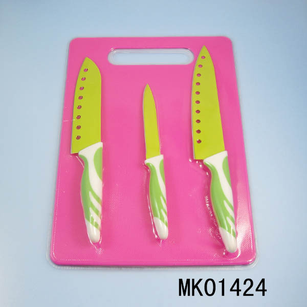 3PCS NON STICK COATING KNIVES and PLASTIC CUTTING BOARD style 2