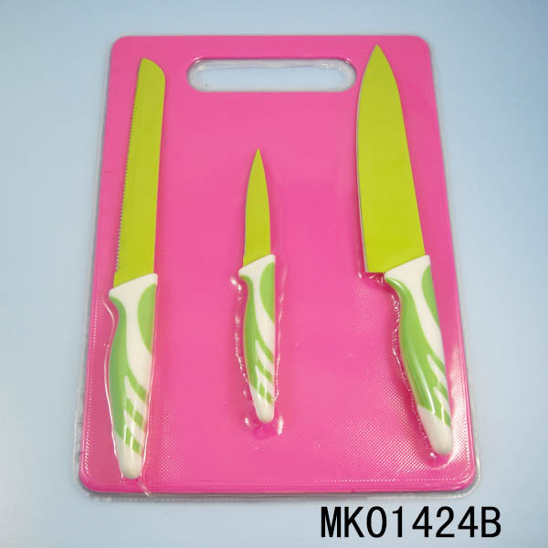 3PCS NON STICK COATING KNIVES and PLASTIC CUTTING BOARD