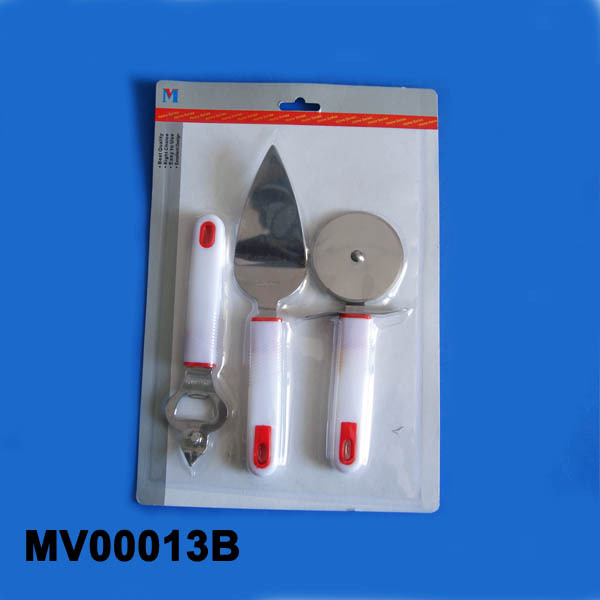 3PC KITCHEN TOOL-CHEESE TURNER PIZZA CUTTER CAN OPENER with WHITE Handle
