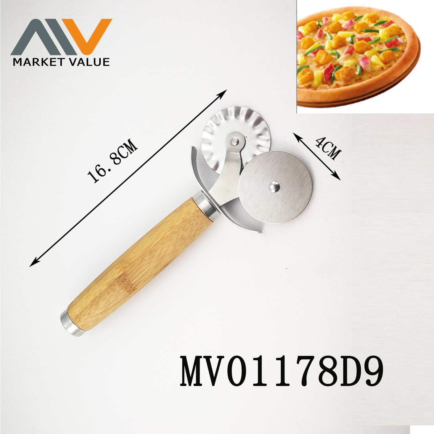 PIZZA CUTTER 2 WHEEL with WOODEN BAMBOO Handle TC