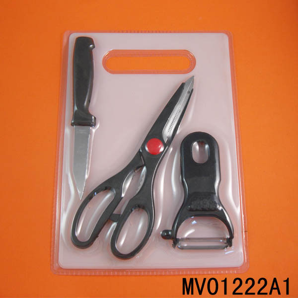 SCISSORS and KNIFE and PEELER and CUTTING BOARD SET SHRINK style 2