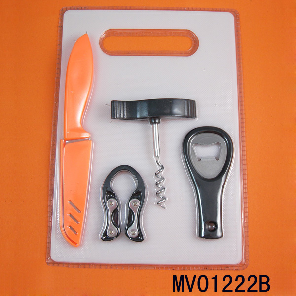FUIRT KNIFE and WINE OPENER and CUTTING BOARD SET SHRINK