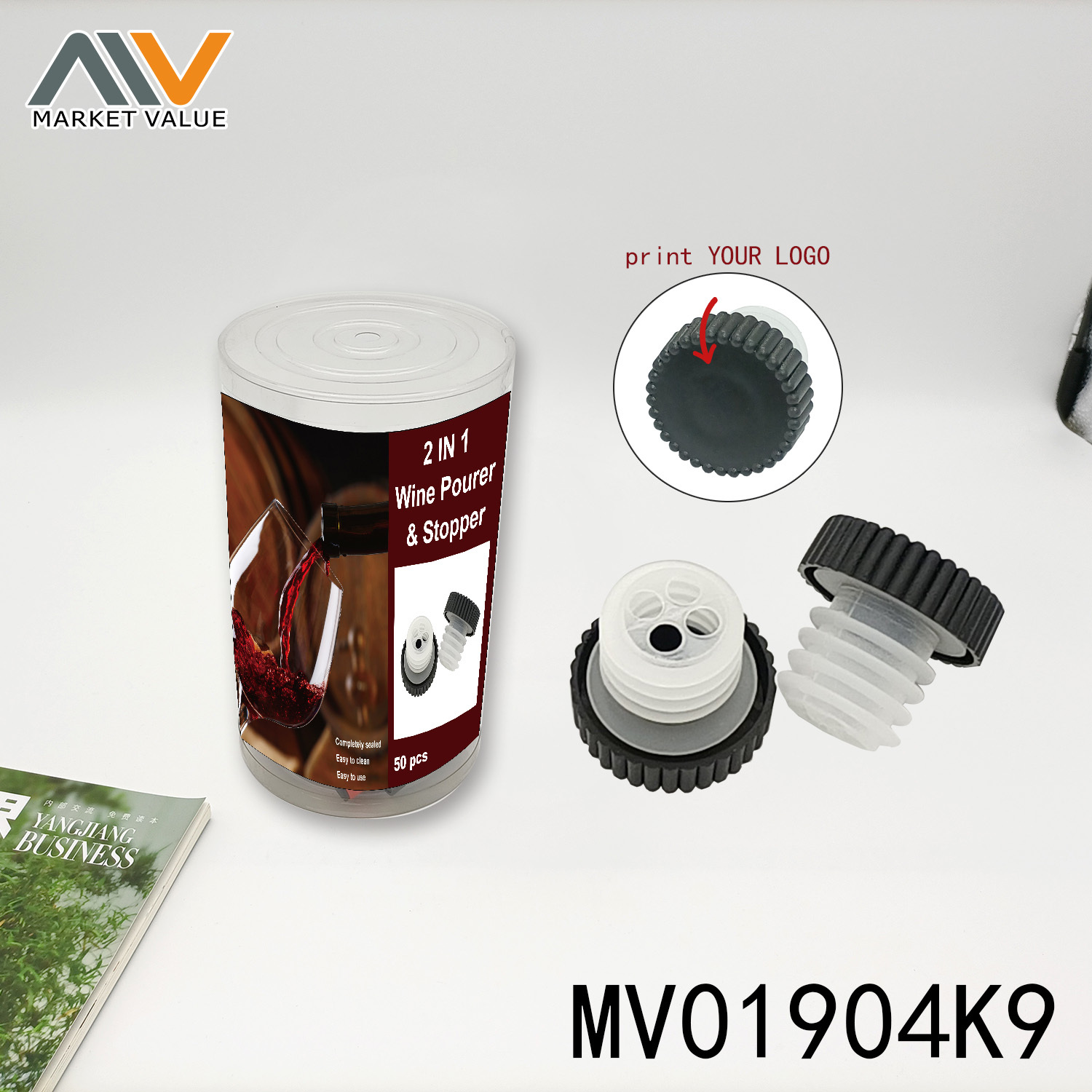 2 IN 1 WINE POURER and STOPPER PE with PP 50PC IN PVC BUCKET