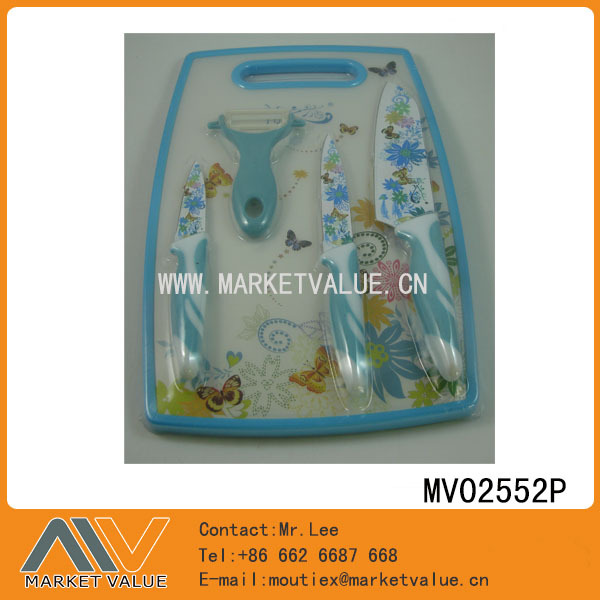 PLASTIC CUTTING BOARD SET 8in 5in 3.5in CERAMIC KNIFE and CERAMIC PEELER SHRINKWRAP