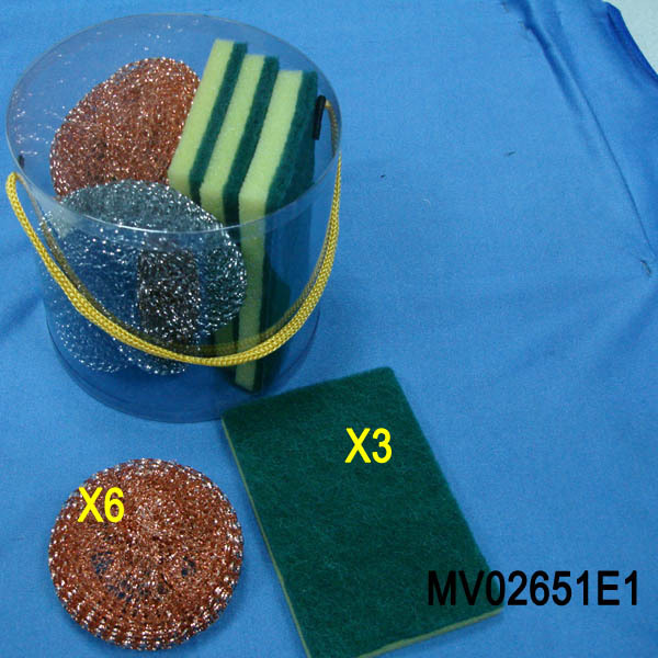 6PCS SS SCOURER with 3PCS CLEANING PAD PVC BOX