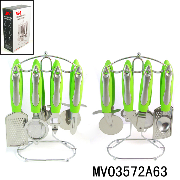 7PCS KITCHEN TOOLS and Stand PIZZA CUTTER SPOON PEELER CAN OPENER STRAINER GRATER CRUSH GARLIC