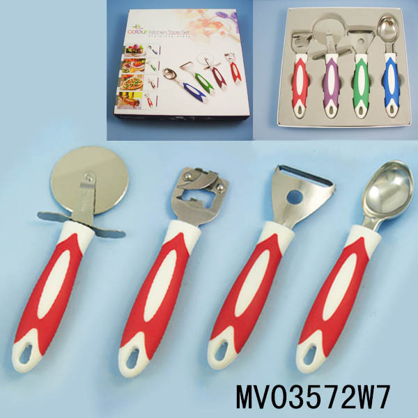 4PCS KITCHEN TOOLS in BOX (PIZZA CUTTER ICE CREAM SPOON BOTTLE OPENER PEELER)