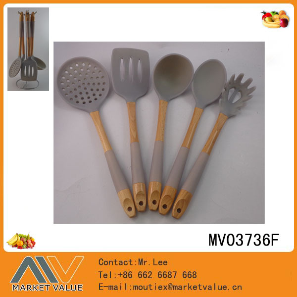 5 PCS SILICONE KITCHEN TOOLS with WOODEN Handle T C