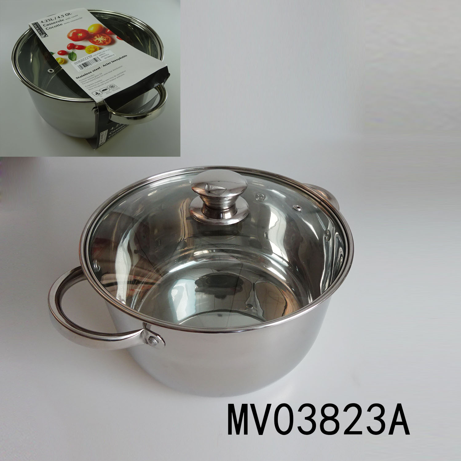 4.25L S/S CASSEROLE WITH GLASS LID,WHEEL CARD
