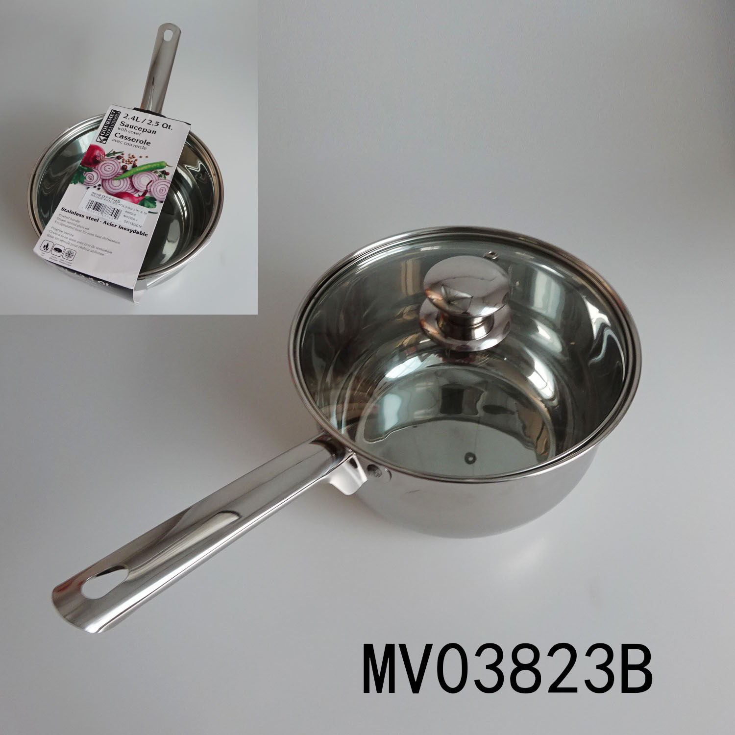 2.4L 201SS SS SAUCEPAN with GLASS LID WHEEL CARD