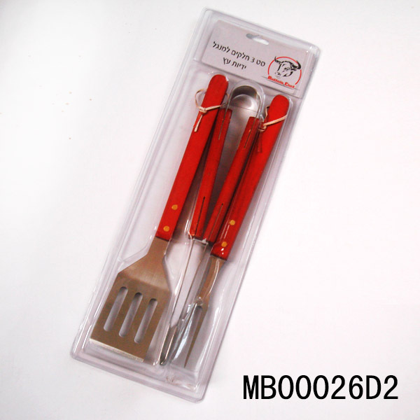3PCS SET WOODEN Handle BBQ SS