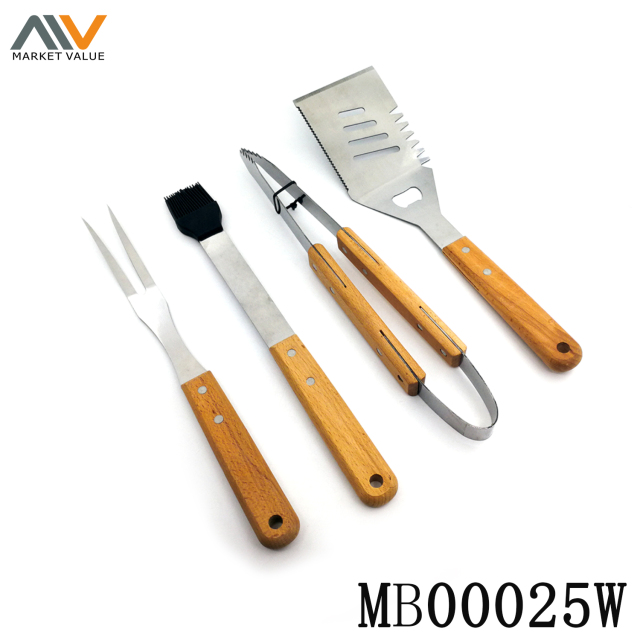 4 Piece SS Barbecue Tool Set with Wooden Handle