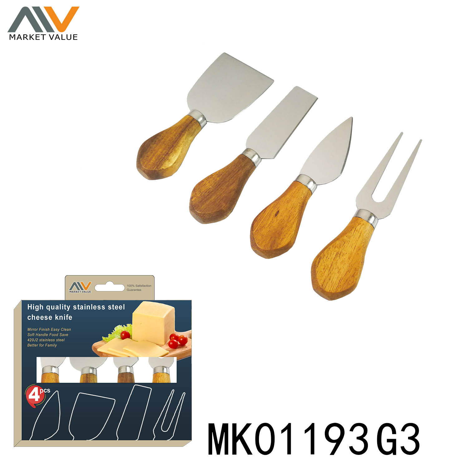 4PCS CHEESE SET with WOODEN Handle in CB style 2