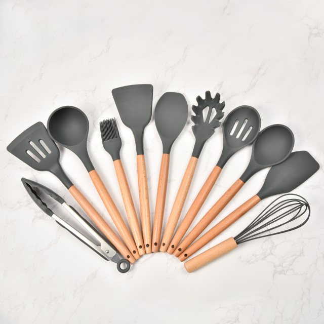 Wooden Handle Silicone Utensils Set With Plastic Holder