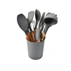 Wooden Handle Silicone Utensils Set With Plastic Holder