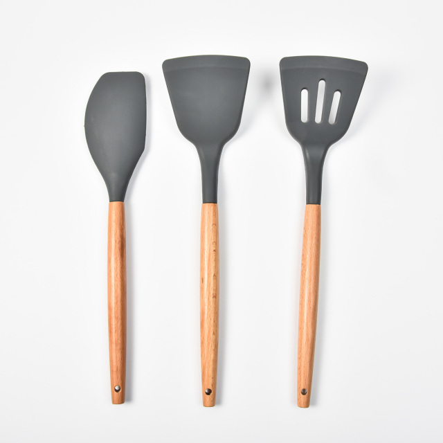 Wooden Handle Silicone Utensils Set With Plastic Holder