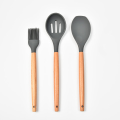 Wooden Handle Silicone Utensils Set With Plastic Holder