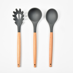 Wooden Handle Silicone Utensils Set With Plastic Holder
