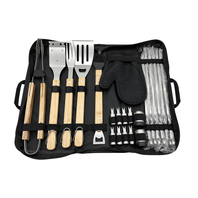22PC STAINLESS STEEL BBQ TOOLS with WOOD Handle